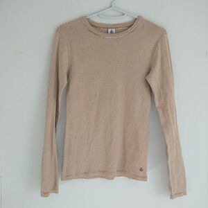 Petit Bateau T Shirt Tee Womens XS Brown Tan Striped Jersey Long Sleeve CrewNeck
